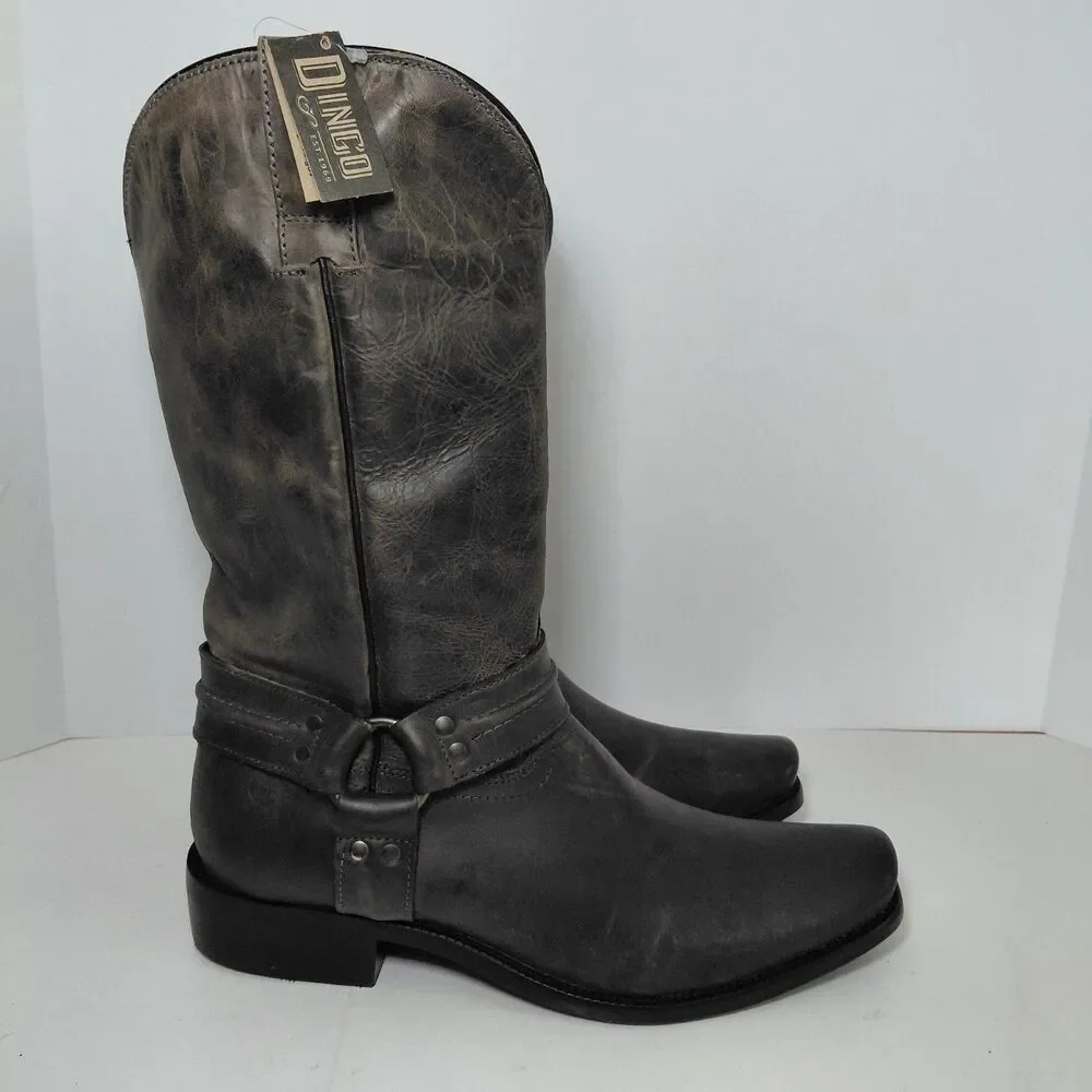 Dingo Hombre Square Toe Pull On  Mens Sz 9.5D Grey Casual Motorcycle Boots